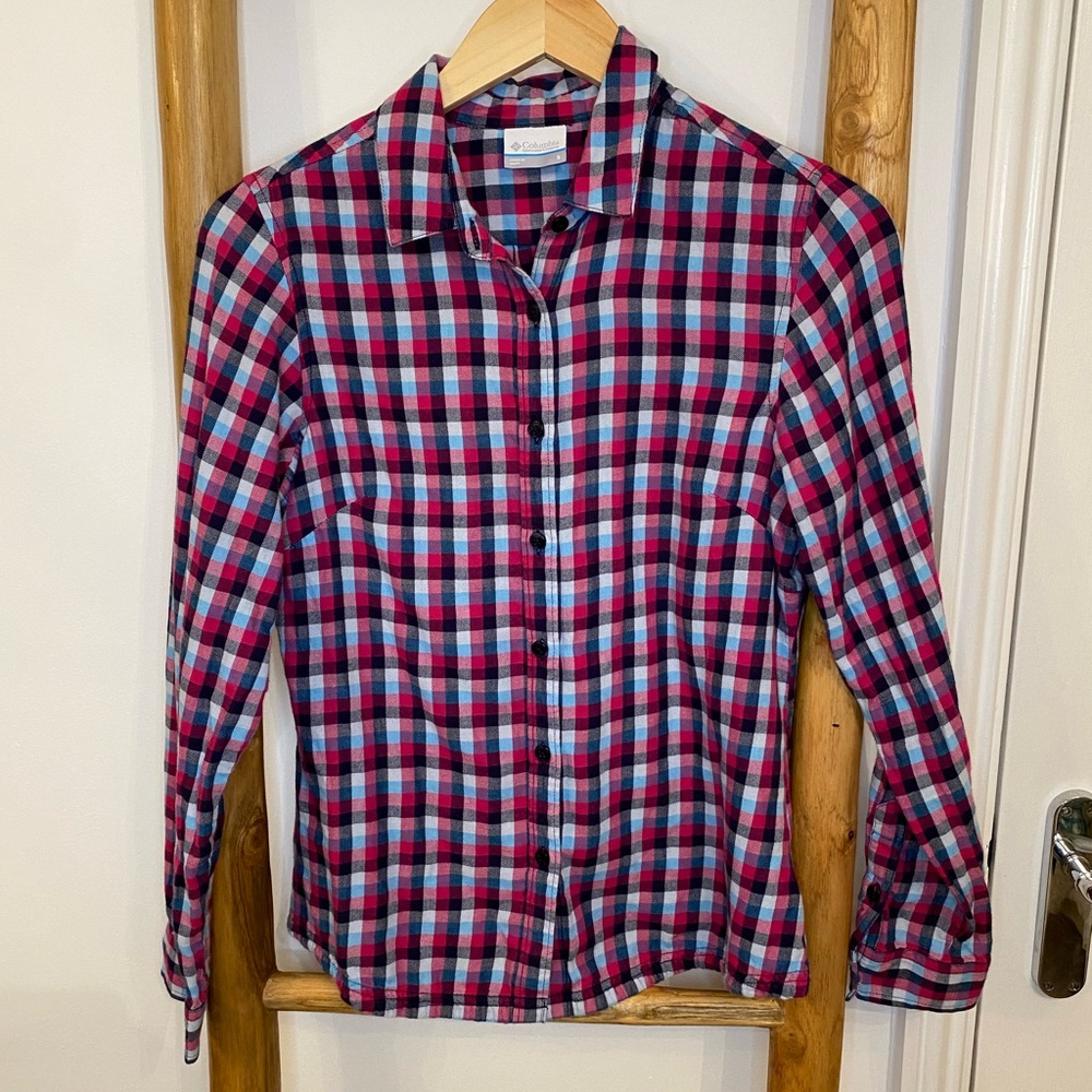 Columbia Plaid Long Sleeve Button Up Shirt Pink Sz S Gorpcore Outdoor Cotton